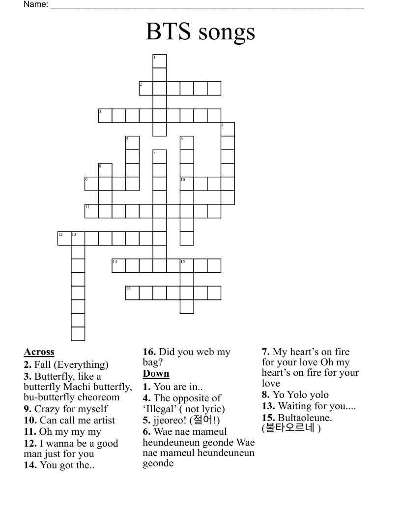 BTS songs  Crossword