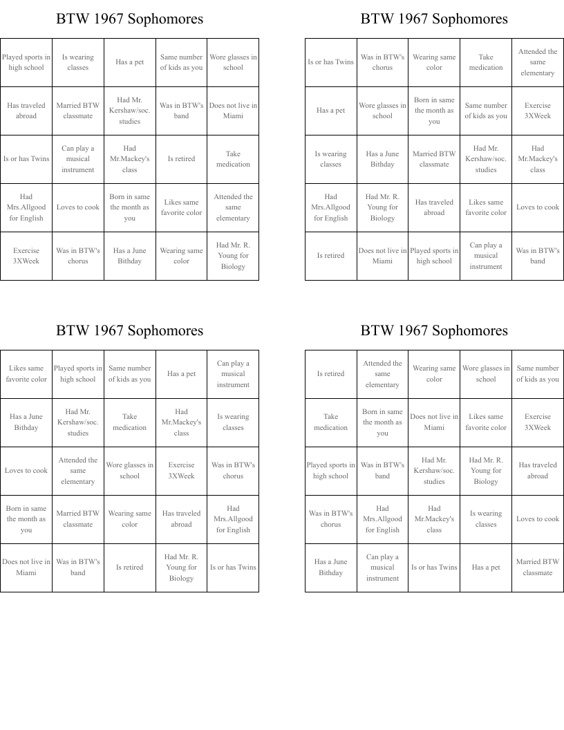 BTW 1967 Sophomores Bingo Cards