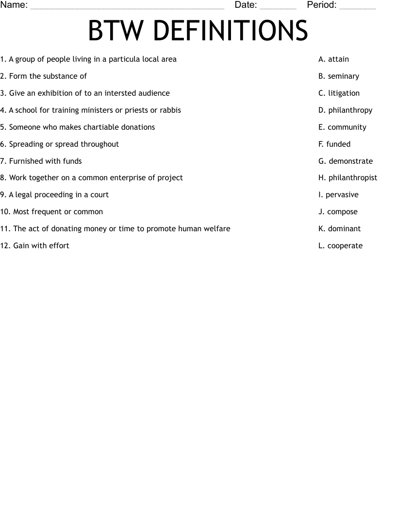 BTW DEFINITIONS Worksheet