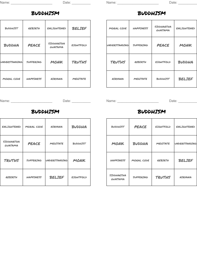 BUDDHISM Bingo Cards