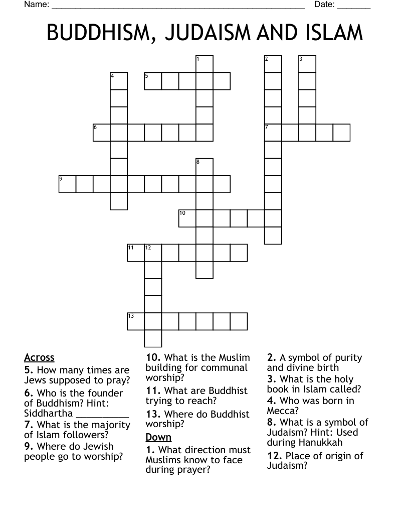 BUDDHISM, JUDAISM AND ISLAM  Crossword