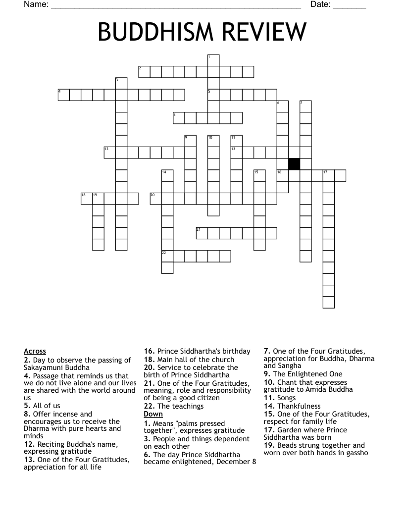BUDDHISM REVIEW Crossword