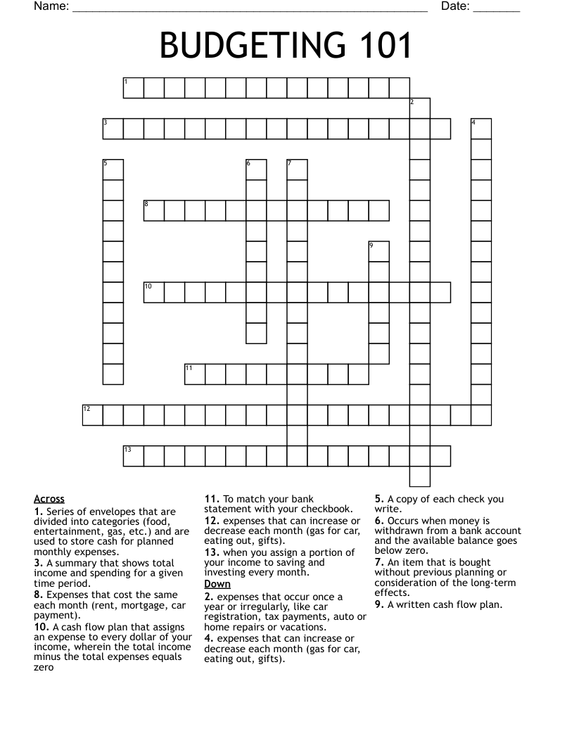 BUDGETING 101 Crossword