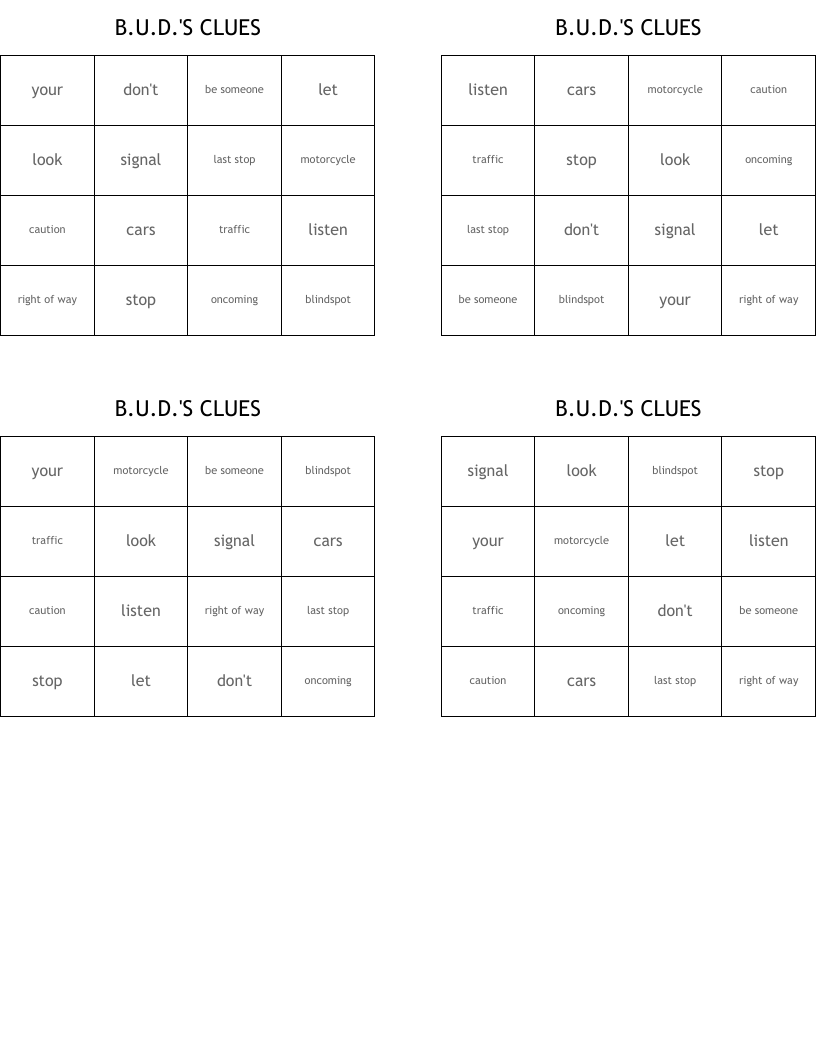 B.U.D.'S CLUES Bingo Cards