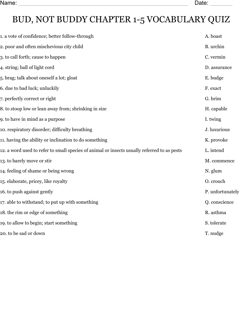 BUD, NOT BUDDY CHAPTER 1-5 VOCABULARY QUIZ Worksheet