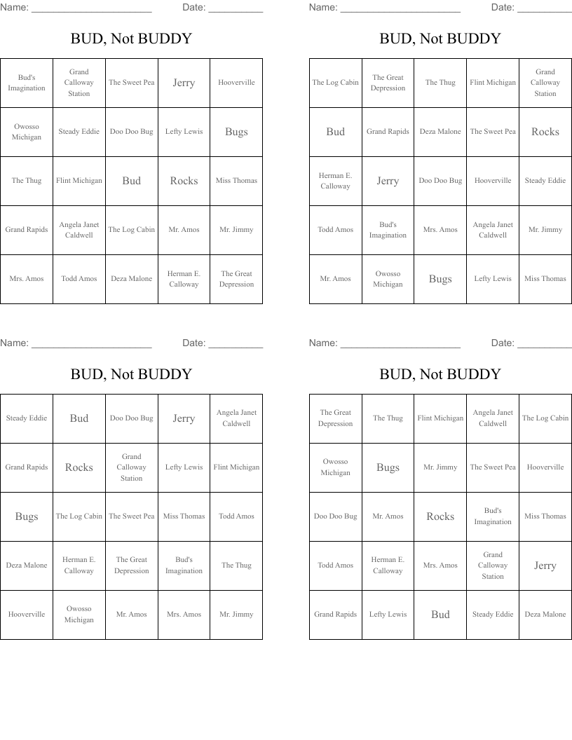 BUD, Not BUDDY Bingo Cards