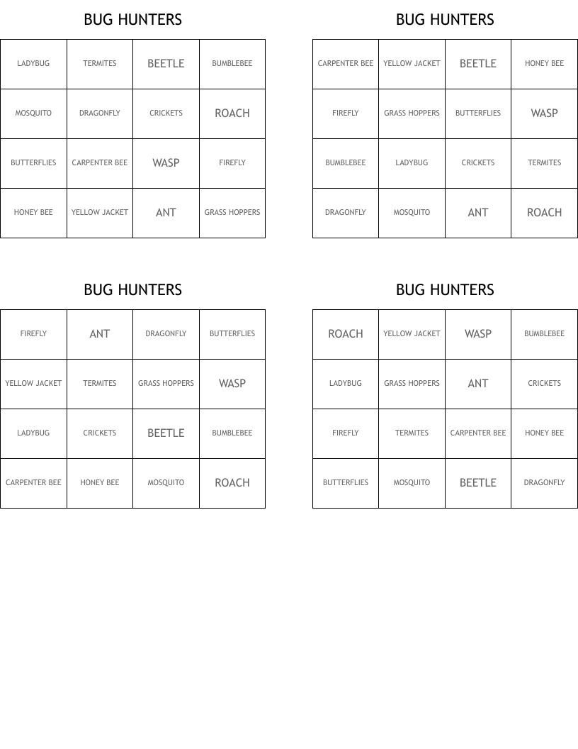 BUG HUNTERS Bingo Cards
