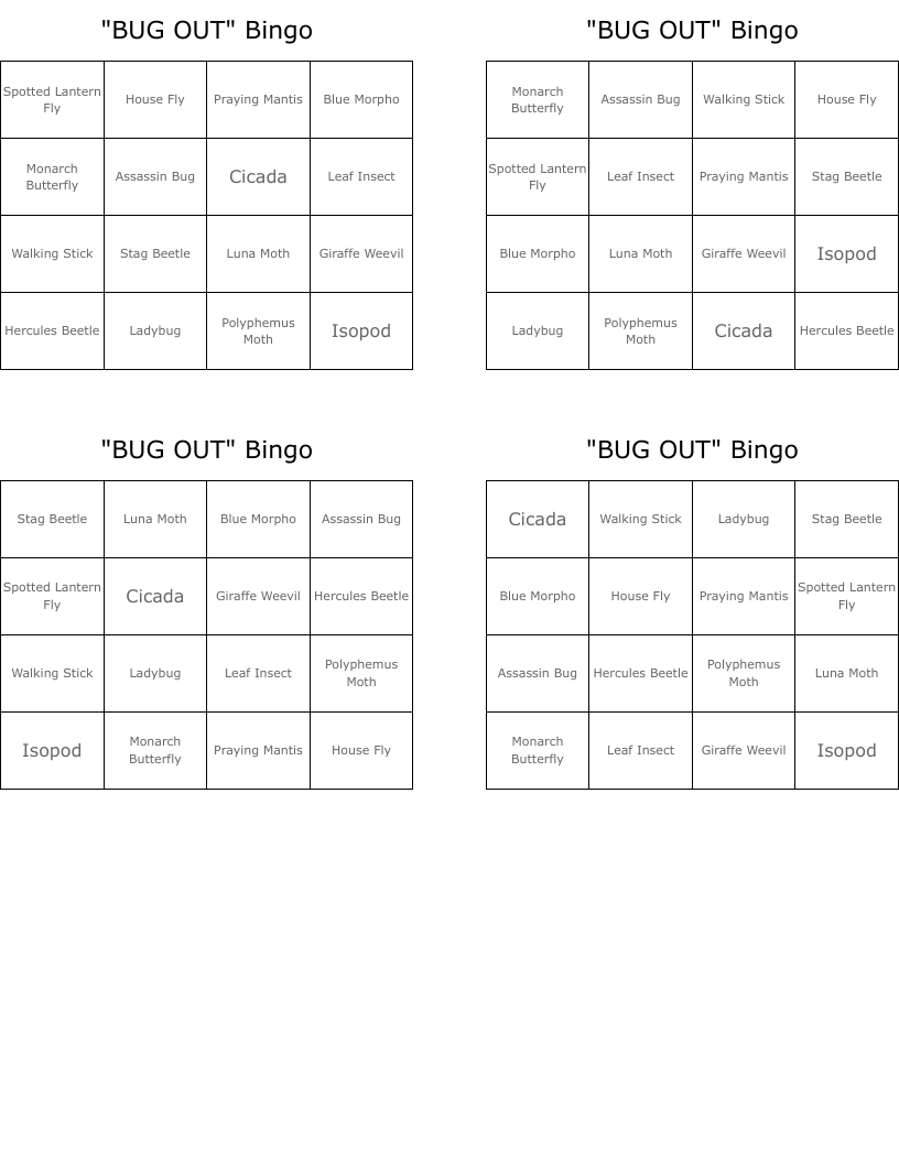"BUG OUT" Bingo