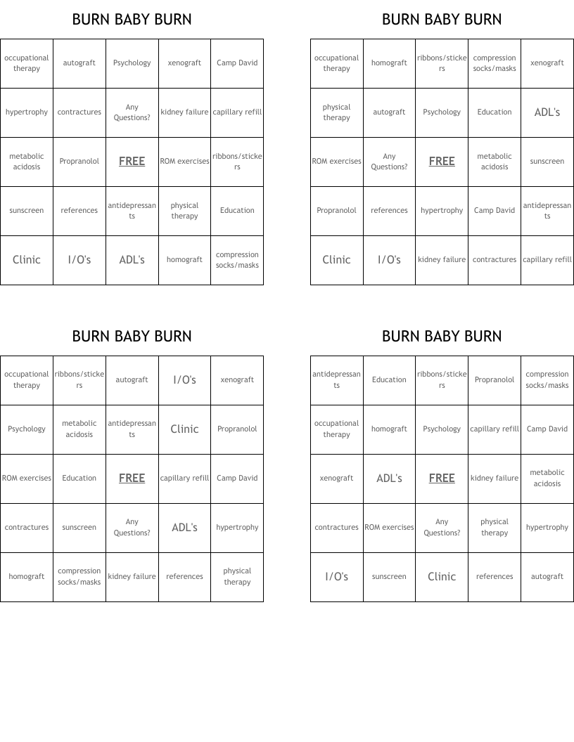BURN BABY BURN Bingo Cards