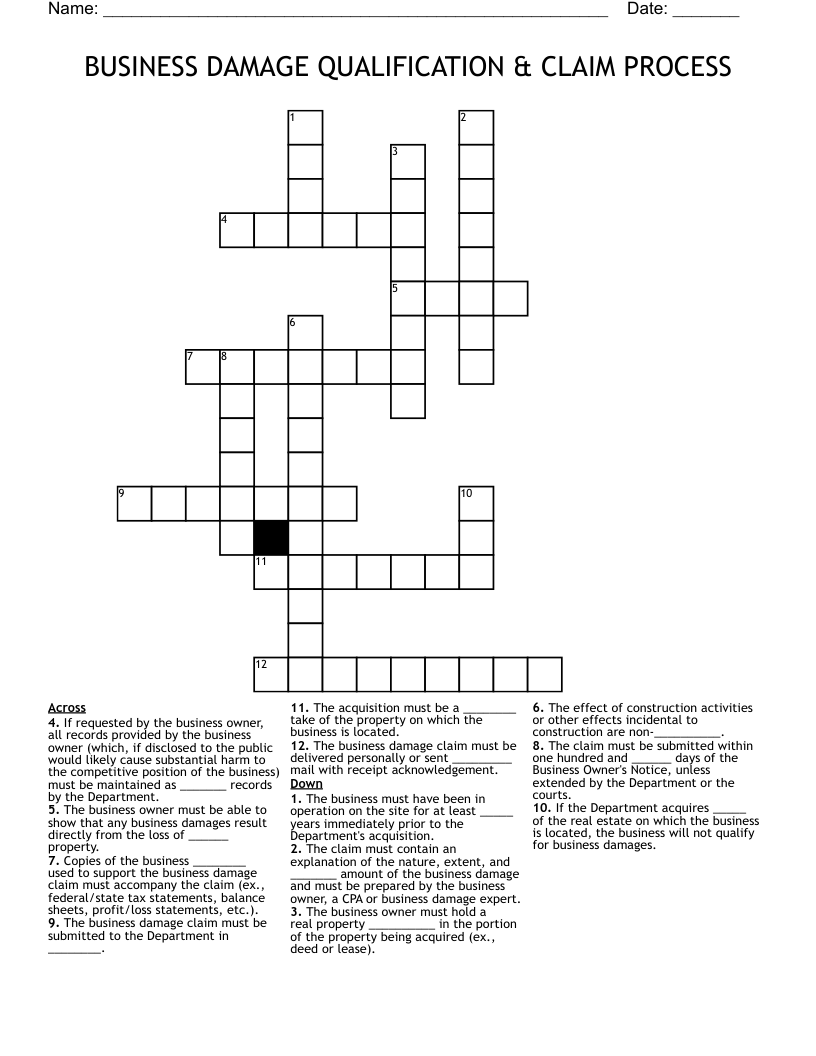 BUSINESS DAMAGE QUALIFICATION & CLAIM PROCESS Crossword