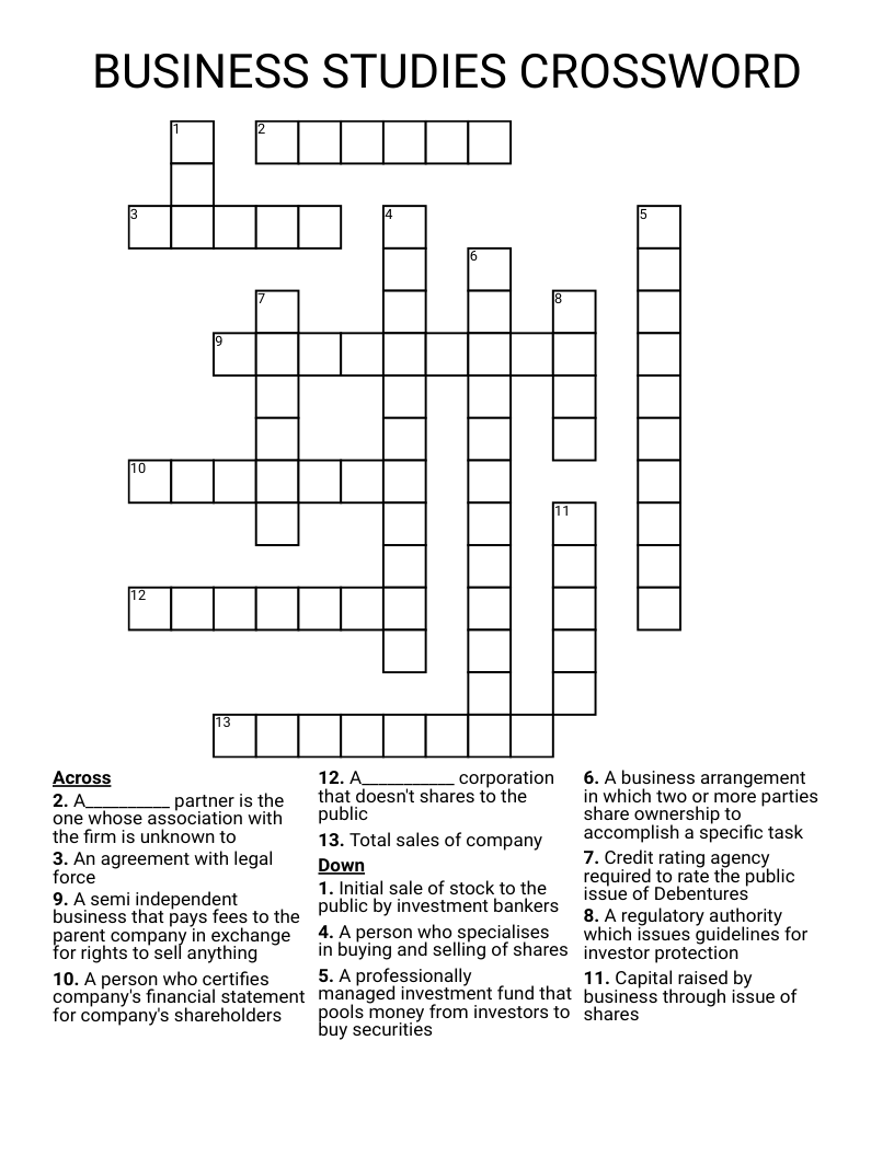 BUSINESS STUDIES CROSSWORD