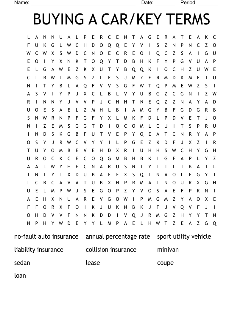 BUYING A CAR/KEY TERMS  Word Search
