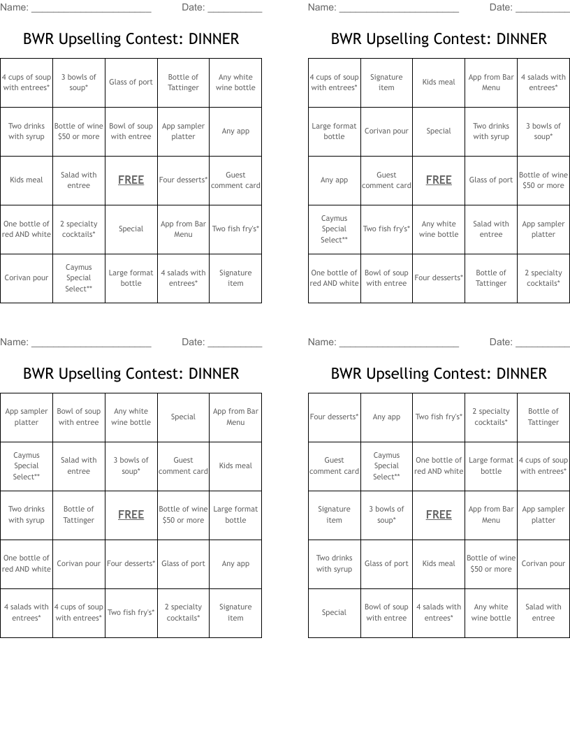 BWR Upselling Contest: DINNER Bingo Cards