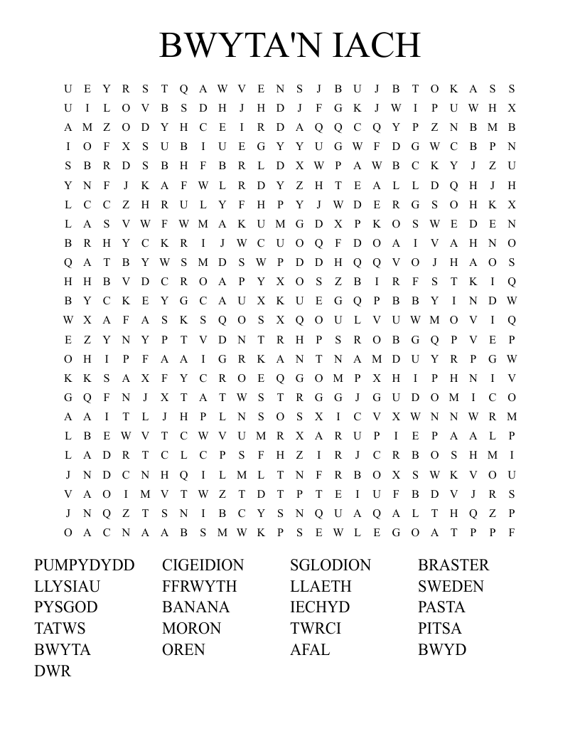 BWYTA'N IACH Word Search
