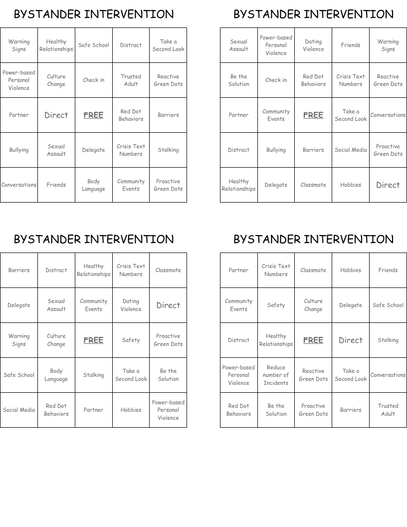 BYSTANDER INTERVENTION Bingo Cards