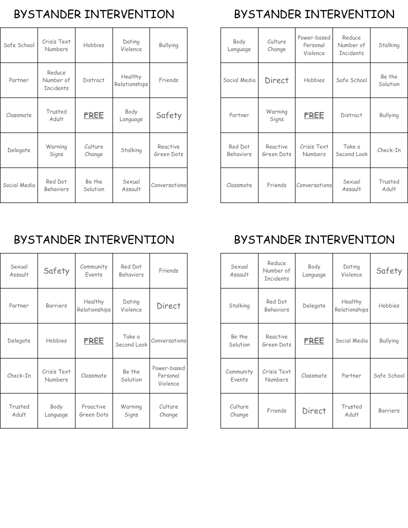 BYSTANDER INTERVENTION Bingo Cards
