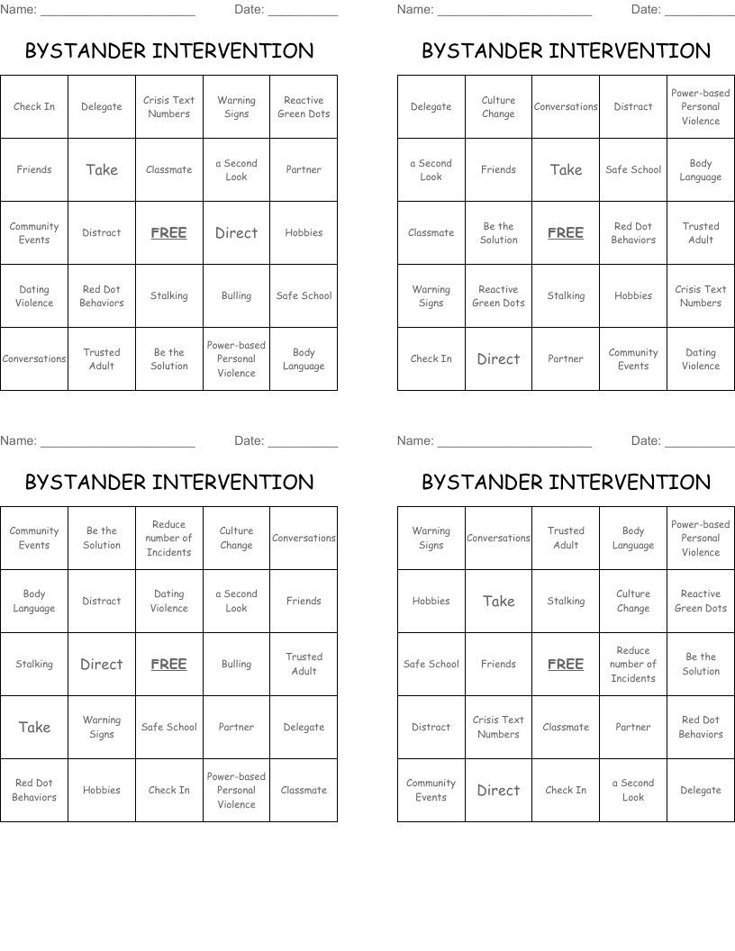 BYSTANDER INTERVENTION Bingo Cards