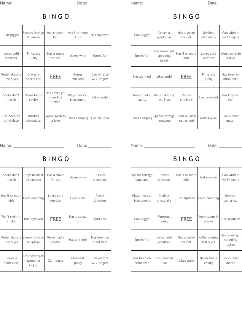 B I N G O Bingo Cards