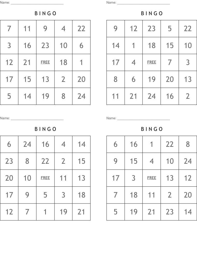 B I N  G  O Bingo Cards