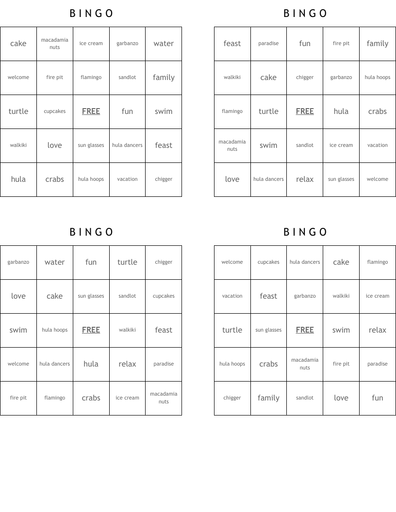 B I N          G          O Bingo Cards