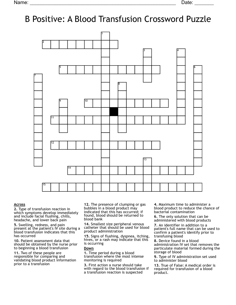 B Positive: A Blood Transfusion Crossword Puzzle