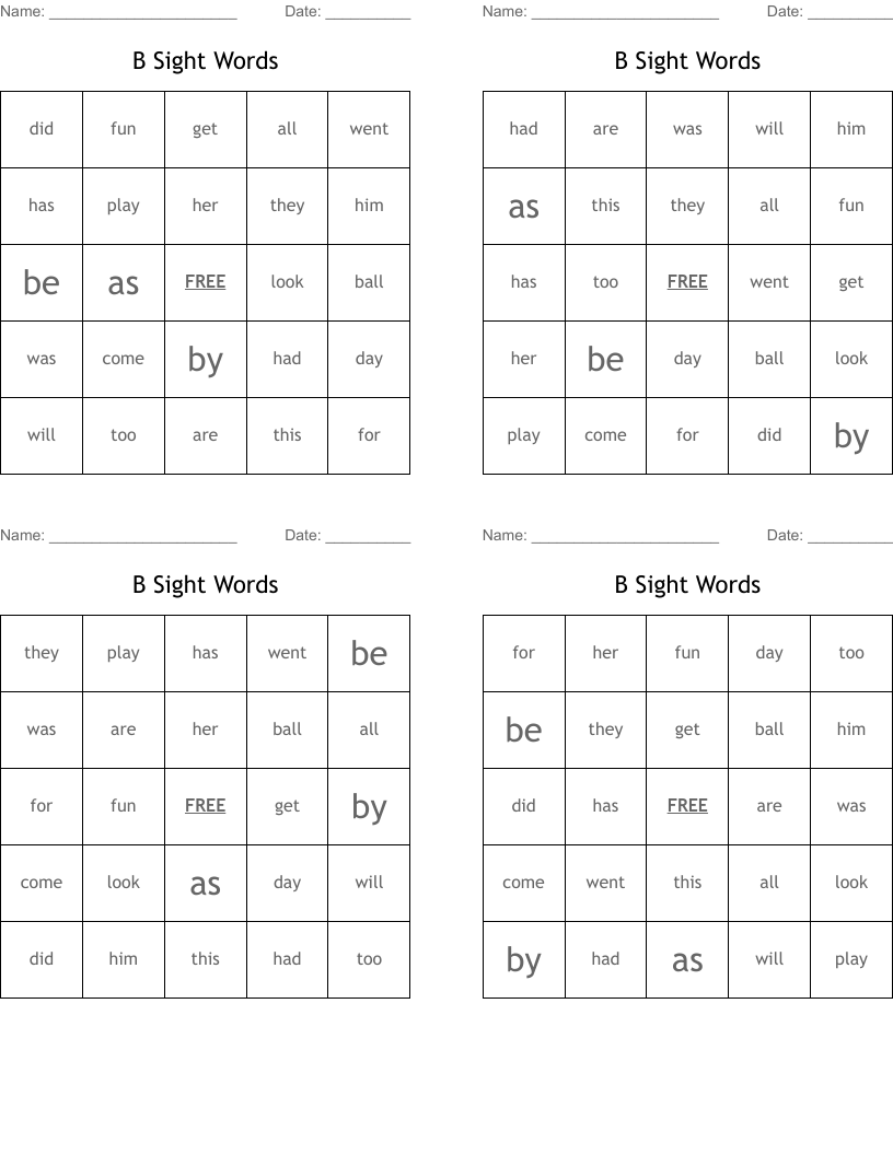 B Sight Words Bingo Cards