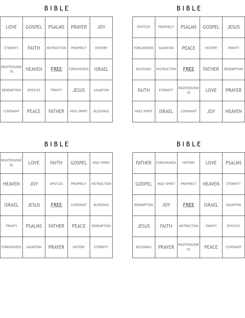 B    I     B     L     E Bingo Cards
