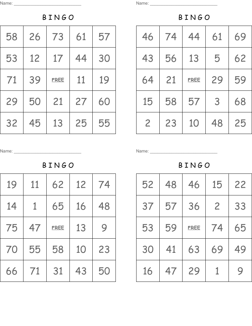 B        I      N     G       O Bingo Cards