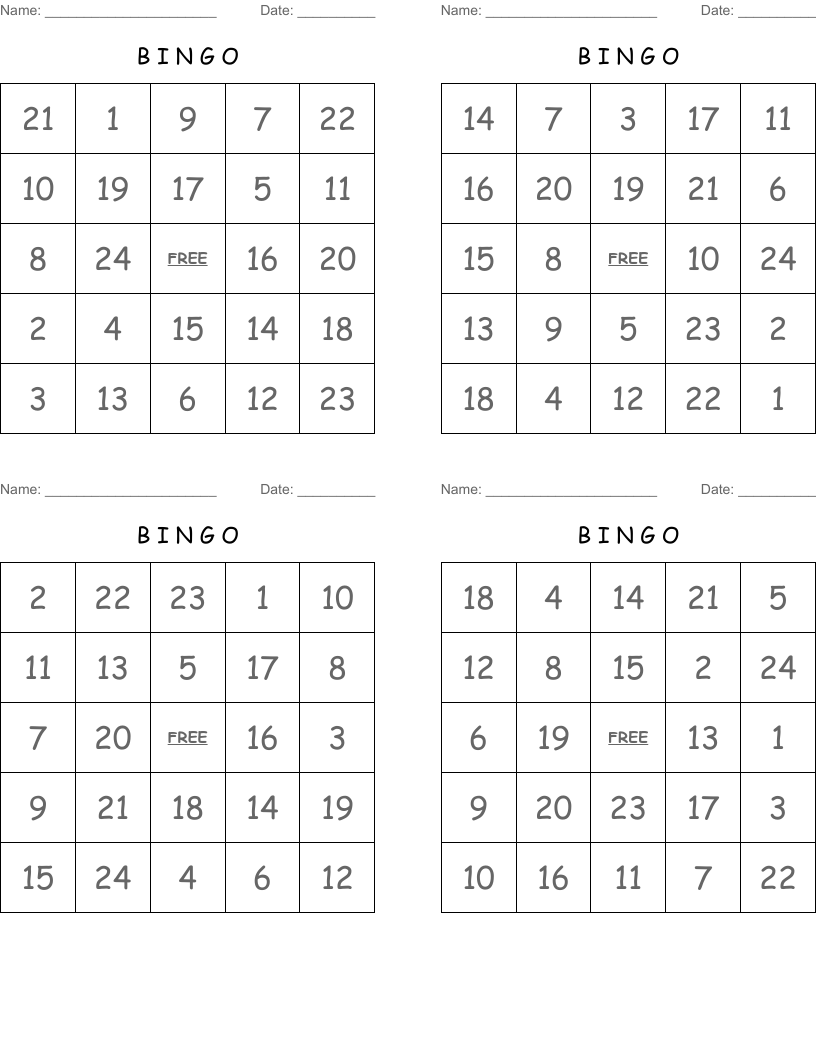 B             I              N           G            O Bingo Cards