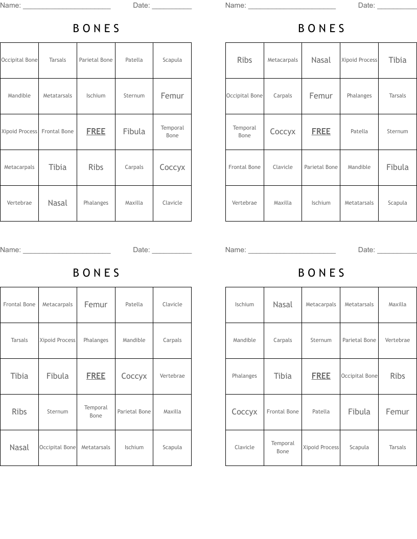 B                           O      N    E    S Bingo Cards