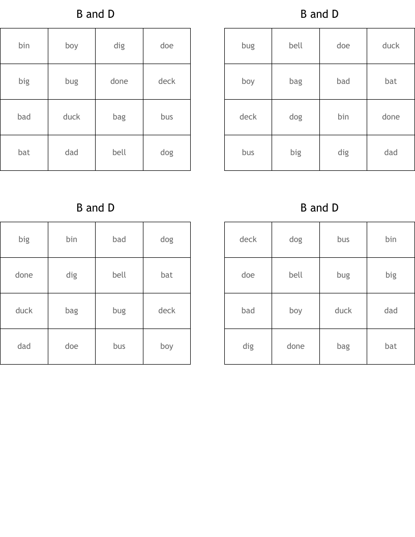 B and D Bingo Cards