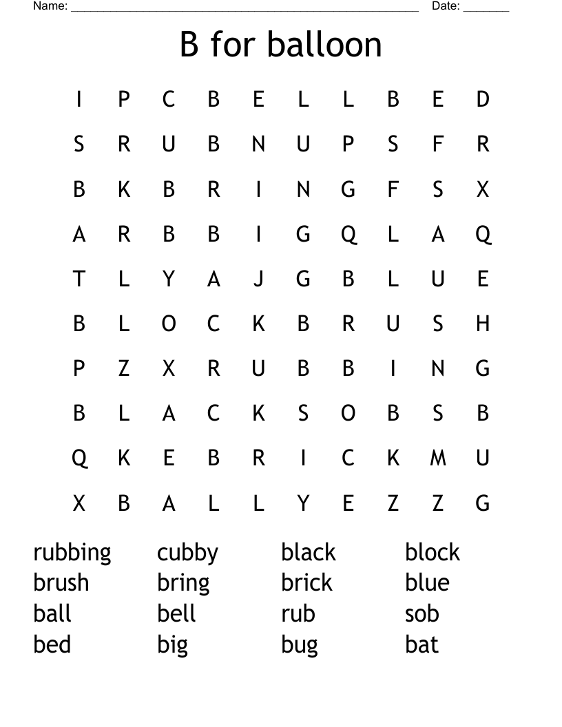 B for balloon Word Search