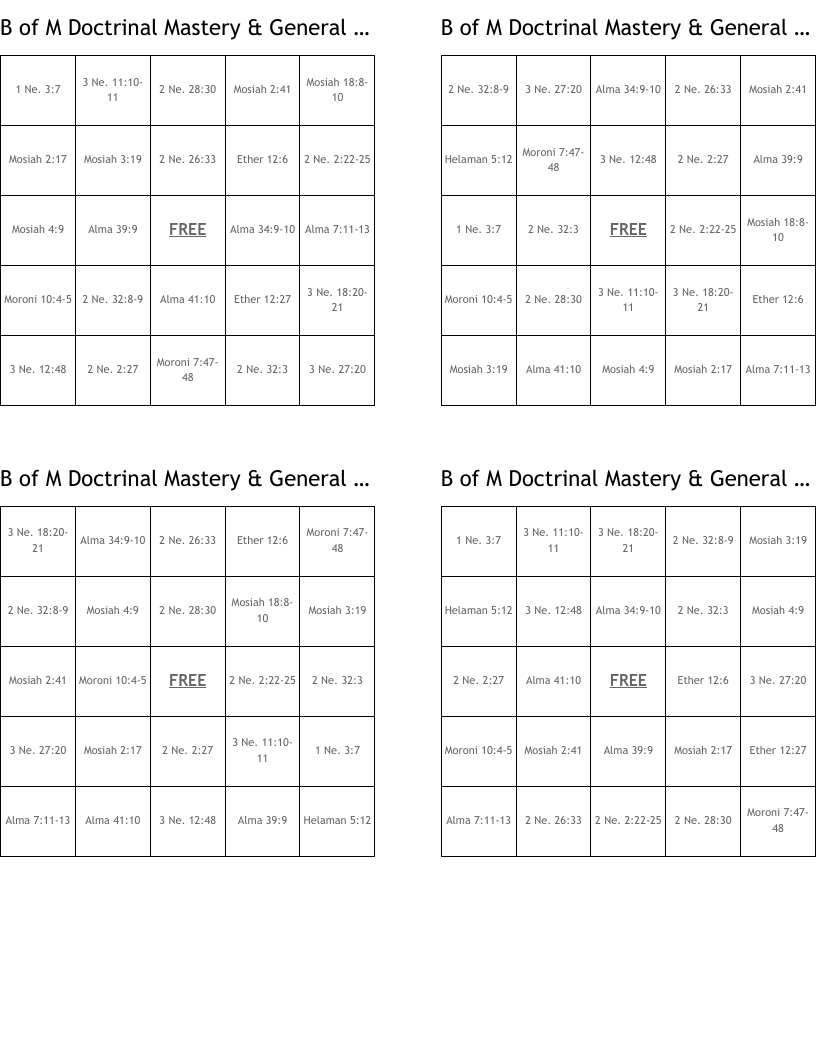 B of M Doctrinal Mastery & General Conference Bingo Cards