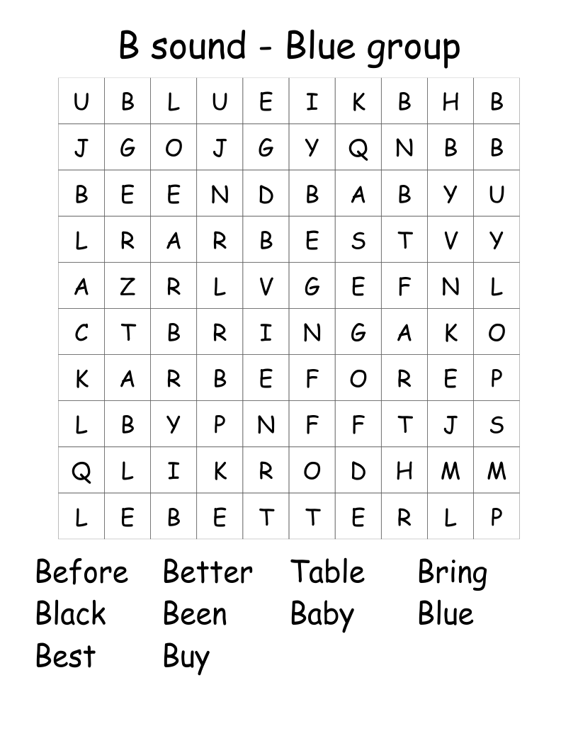 B sound - Blue group Word Search