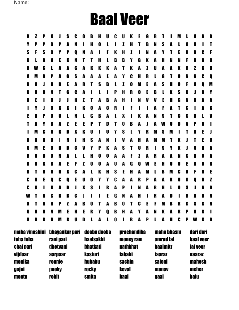 Baal Veer Word Search