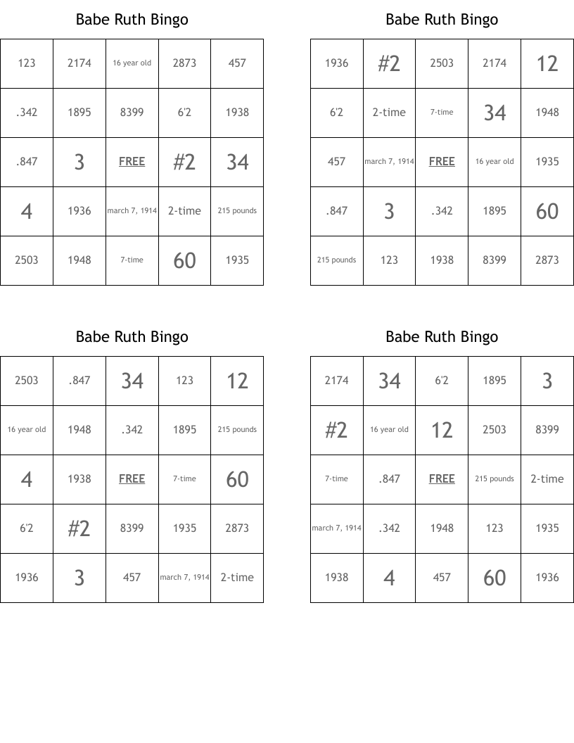 Babe Ruth Bingo
