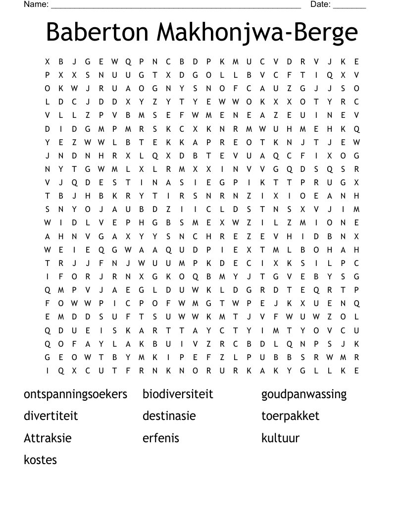 Baberton Makhonjwa-Berge Word Search