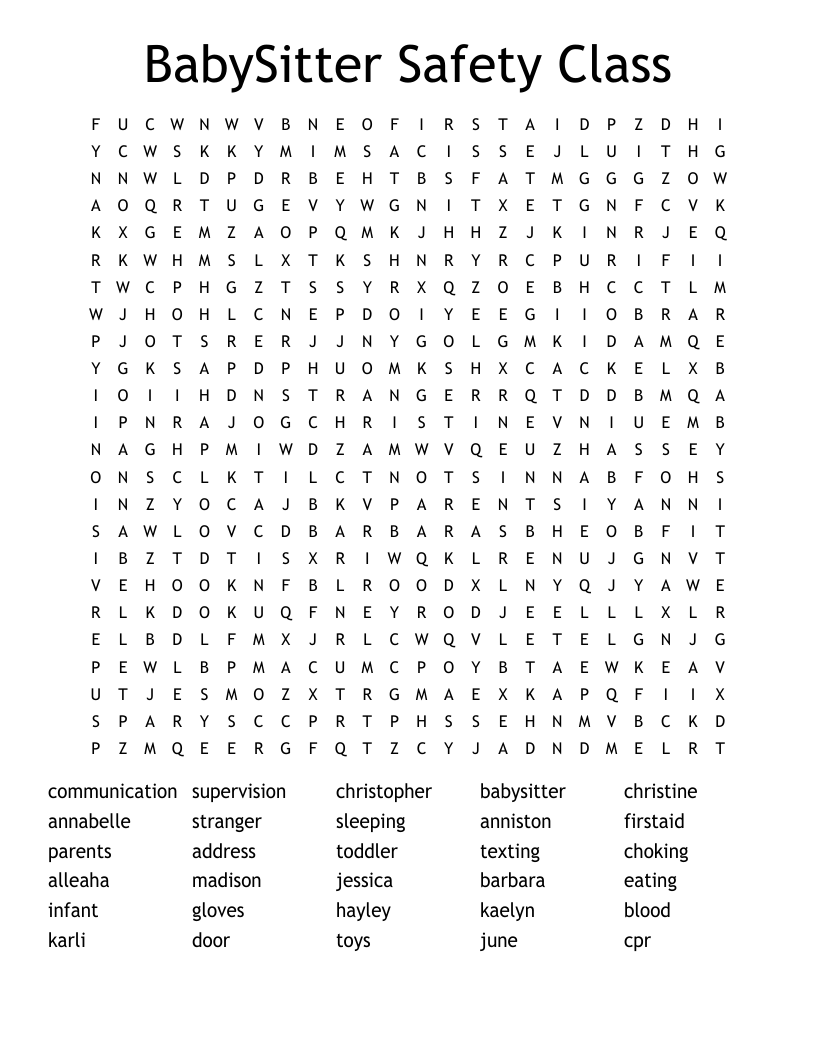 BabySitter Safety Class Word Search