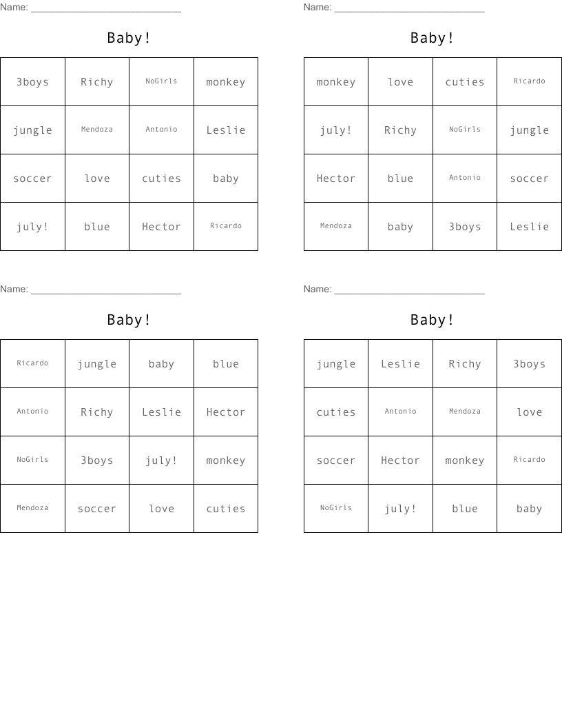 Baby! Bingo Cards