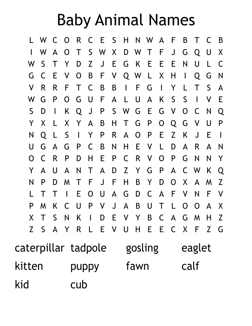 Baby Animal Names Word Search