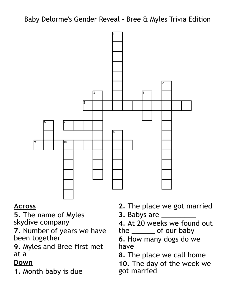 Baby Delorme's Gender Reveal - Bree & Myles Trivia Edition Crossword