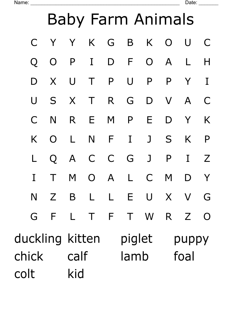 Baby Farm Animals Word Search