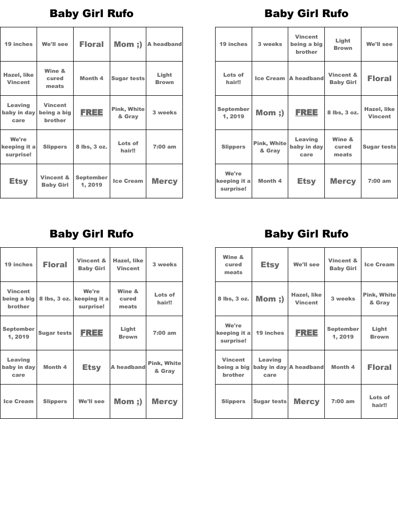 Baby Girl Rufo  Bingo Cards