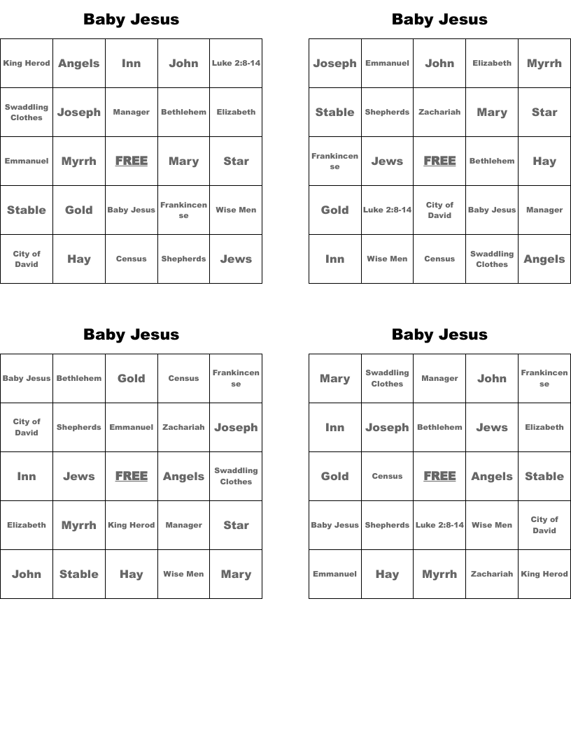 Baby Jesus Bingo Cards