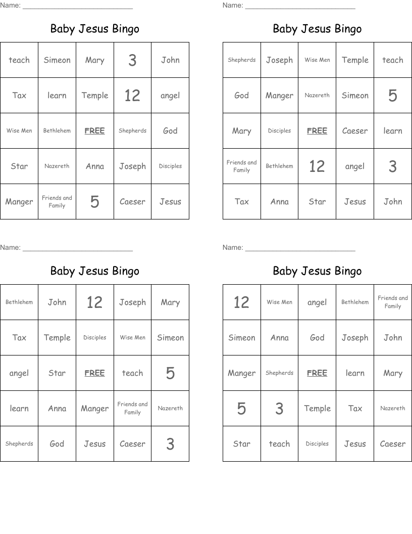 Baby Jesus Bingo
