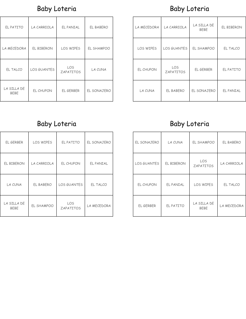 Baby Loteria Bingo Cards