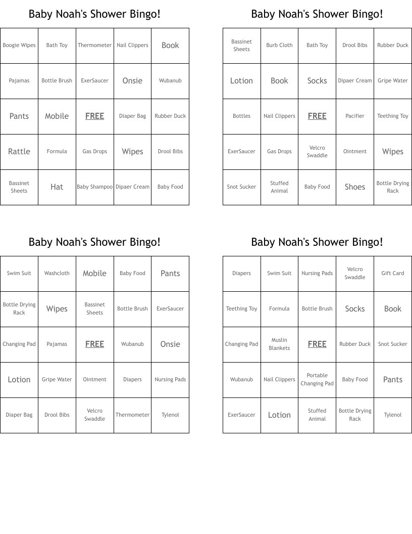 Baby Noah's Shower Bingo!