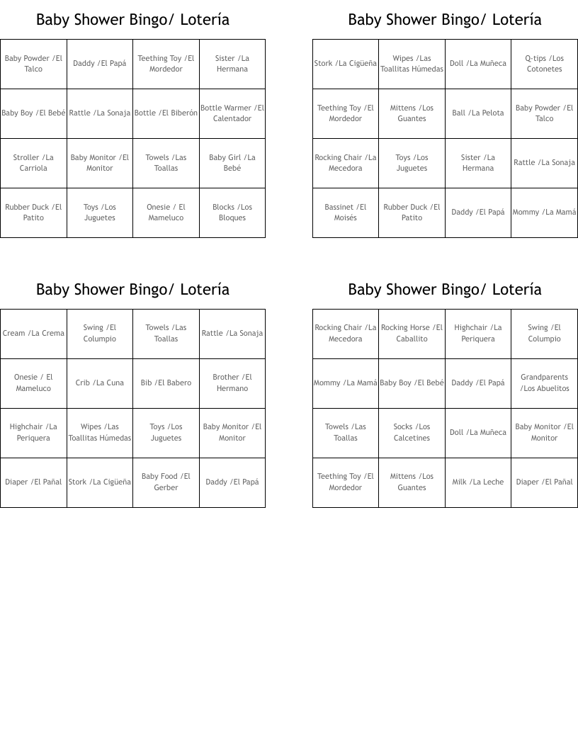 Baby Shower Bingo/ Lotería 