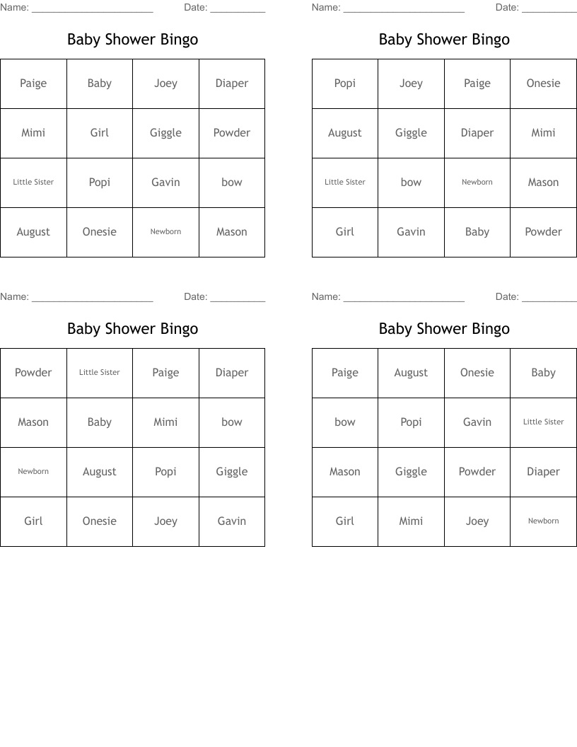 Baby Shower Bingo 