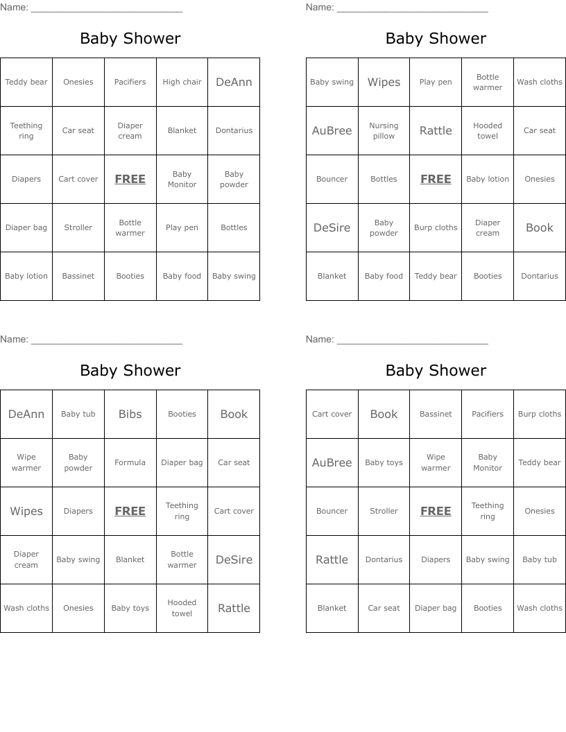 Baby Shower  Bingo Cards